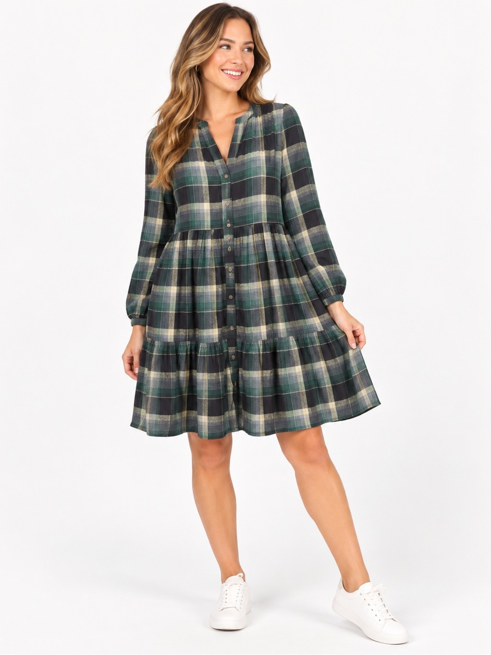 Time and Tru Womens L 12-14 Plaid Tiered Button Front Dress Green NWT
